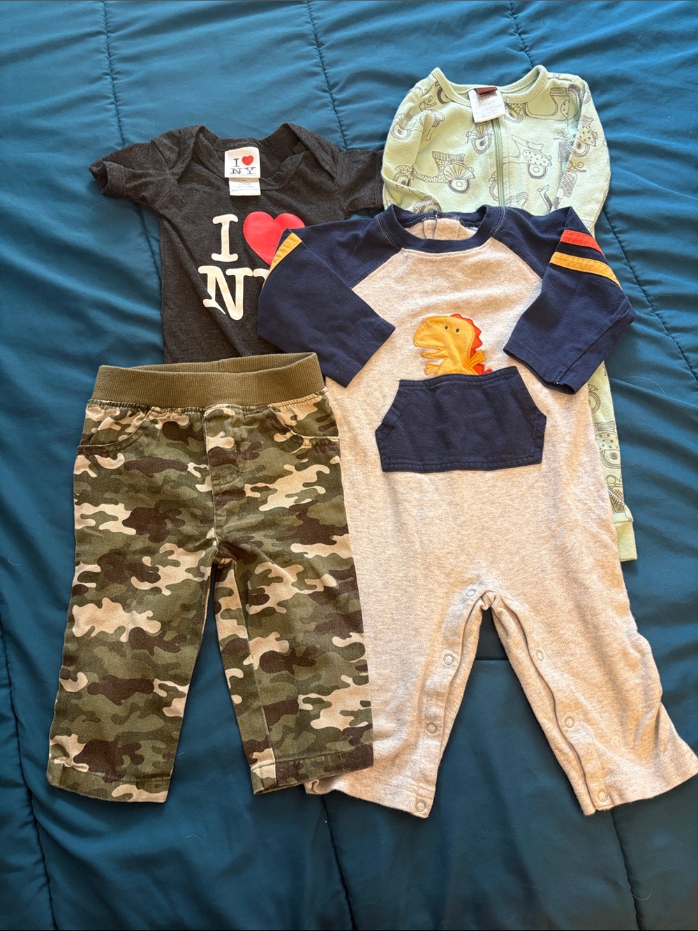 Baby Boy Mixed Outfit Bundle - Dino Romper, Camo Pants, I ❤️ NY Tee - 6mo